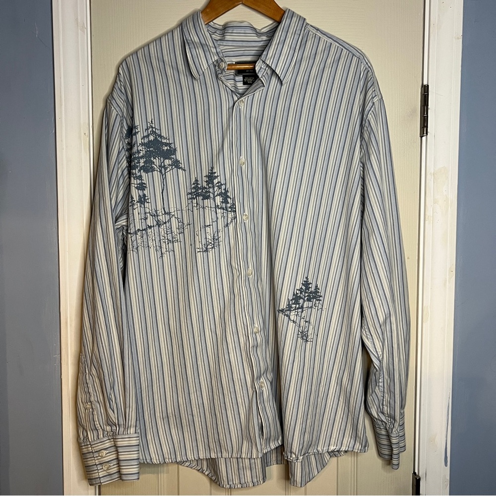 Eddie Bauer XXL Blue White Striped Tree Print Long Sleeve Button Up 100% Cotton